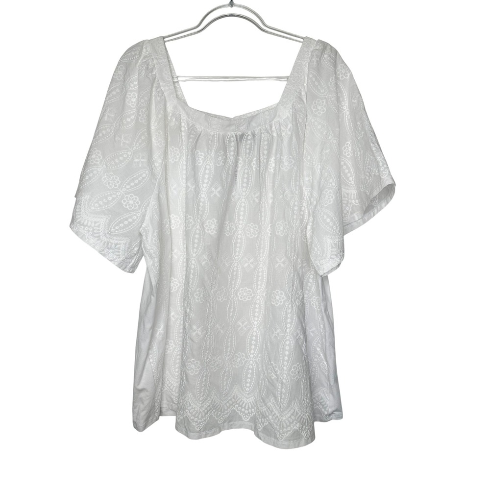 Lane Bryant Embroidered Top 22/24 White Square Neck Flutter Sleeve Cotton New